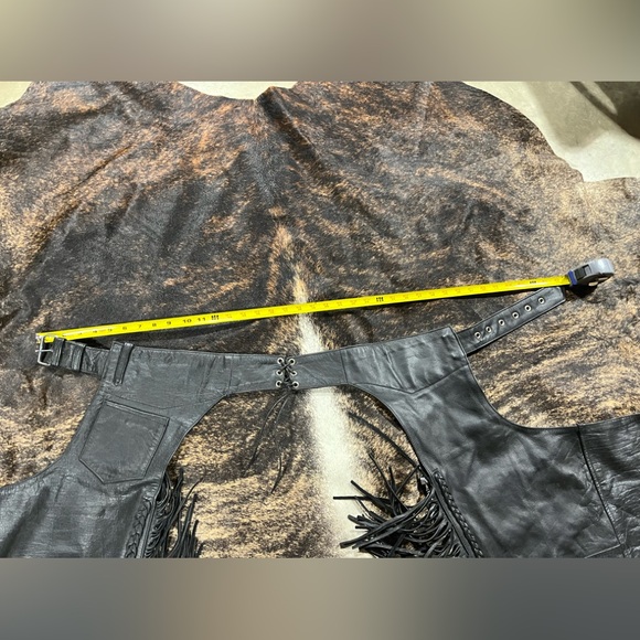 Black Leather Fringe motorcycle biker chaps braided XS - Picture 5 of 8